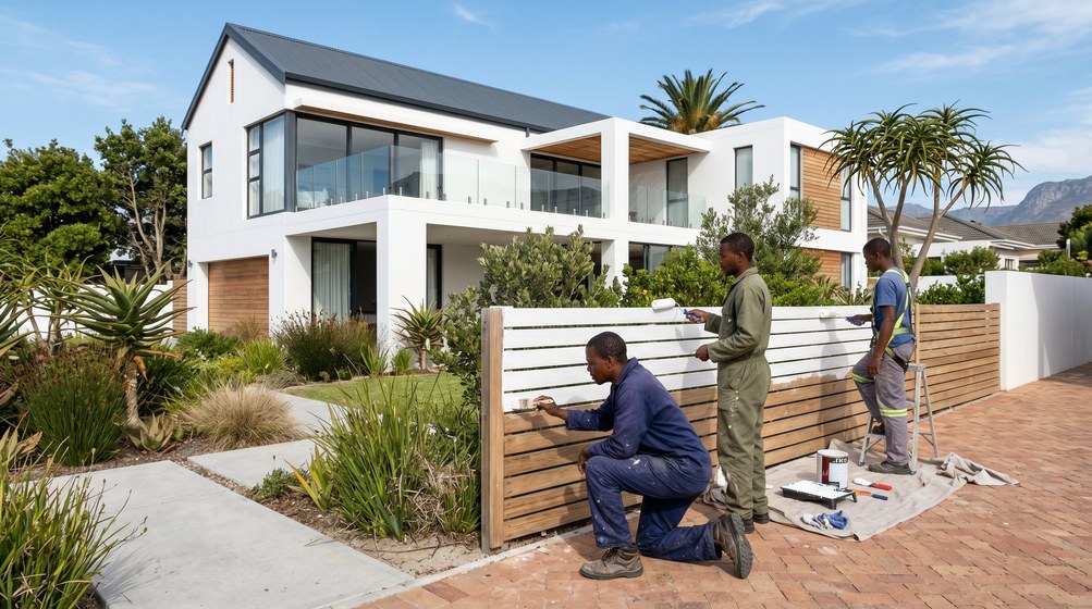 Professional fence painters painting a wooden fence at a coastal home in Wynberg