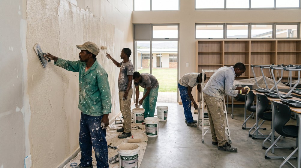 Professional texture coating team applying Texturcoat to interior walls in Wynberg