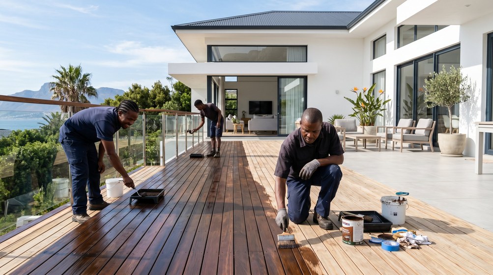 Professional wood staining team applying deck stain overlooking the ocean in Wynberg